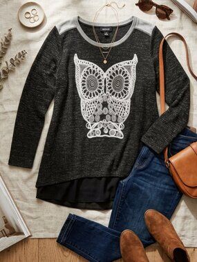 AVENUE Owl Sweater Plus Size 18/20 Charcoal Gray Black Cream Boho Cozy Knit